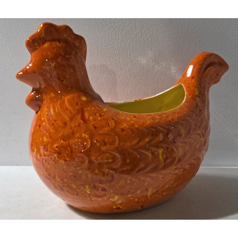 Vintage Handmade Ceramic Chicken Planter Orange Speckled 11x9x7